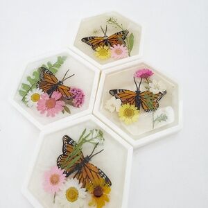 Butterfly Coasters Set of 4 Acrylic Resin Floral Flowers Boho Decor Living Room